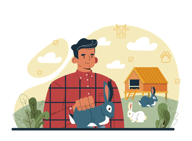 Herdsman taking care of rabbits  Illustration