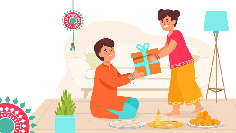 Hermana celebrando Raksha bandhan con su hermano  Ilustración