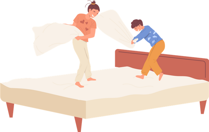 Hermana mayor y hermano menor peleando con almohadas en la cama en el dormitorio de casa  Ilustración