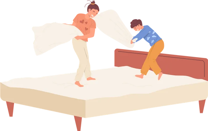 Hermana mayor y hermano menor peleando con almohadas en la cama en el dormitorio de casa  Ilustración