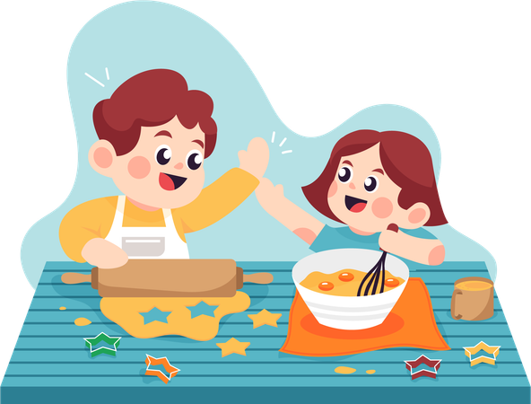 Hermanos cocinando juntos  Ilustración