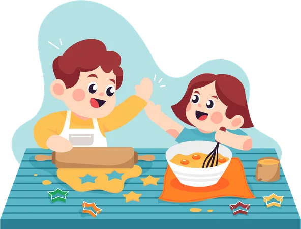 Hermanos cocinando juntos  Ilustración