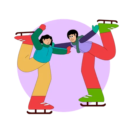 Hermanos felices haciendo patinaje sobre hielo  Ilustración