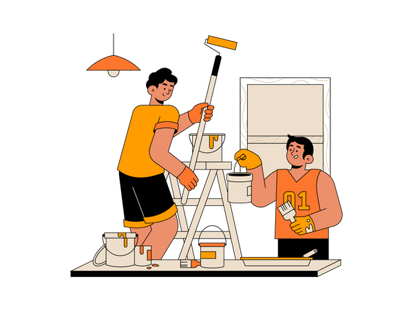 Hermanos pintando juntos la pared de su casa  Ilustración