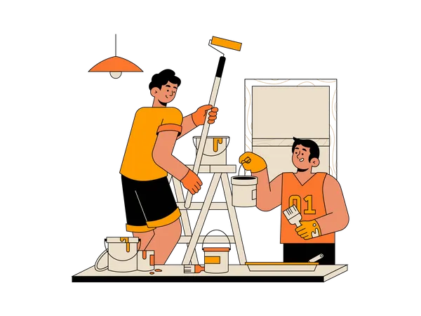 Hermanos pintando juntos la pared de su casa  Ilustración