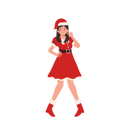 Hermosa chica vestida de Papá Noel y mostrando gesto de victoria  Ilustración