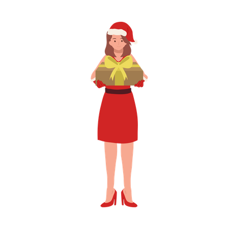Hermosa chica vestida de Papá Noel y sosteniendo una caja de regalo  Ilustración