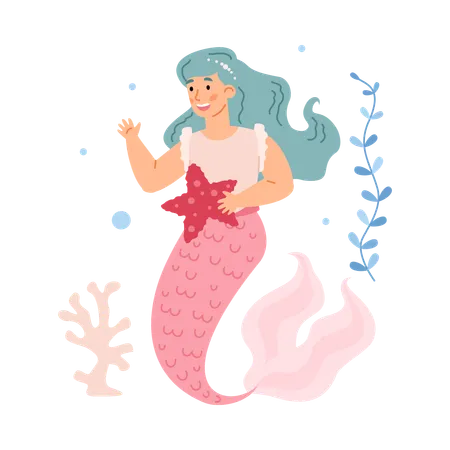 Hermosa niña sirena de fantasía con cola rosa sosteniendo una estrella de mar en la mano  Ilustración