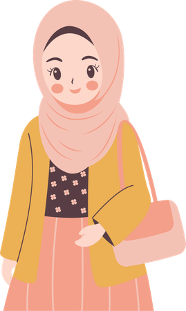 Hermosa chica musulmana con hijab y bolso  Illustration