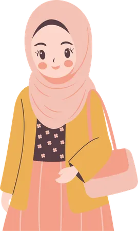 Hermosa chica musulmana con hijab y bolso  Illustration