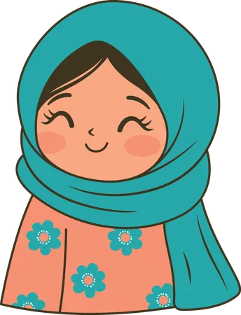 Hermosa chica musulmana con hiyab azul sonriendo  Ilustración