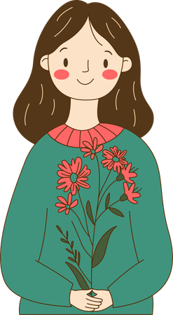 Hermoso personaje de chica nerd inocente sosteniendo una flor floral  Ilustración