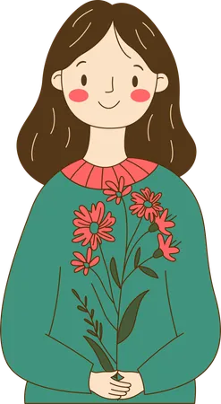 Hermoso personaje de chica nerd inocente sosteniendo una flor floral  Ilustración