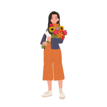 Hermosa chica sosteniendo un elegante ramo de flores  Ilustración