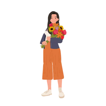 Hermosa chica sosteniendo un elegante ramo de flores  Ilustración