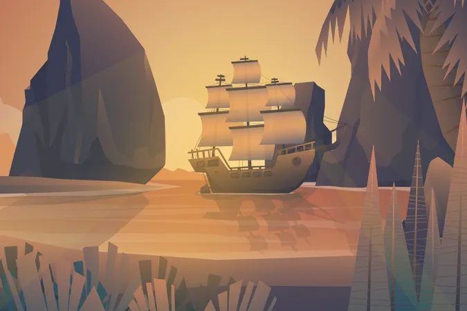 Hermosa escena anclada Galeón flotando en el mar de la isla  Ilustración