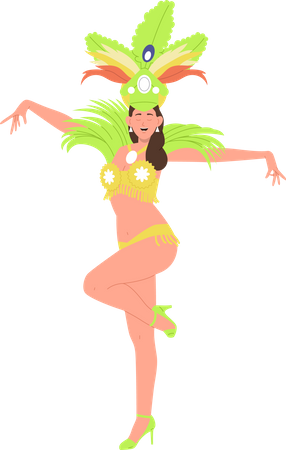Hermosa joven vestida de mascarada brasileña con plumaje brillante bailando  Ilustración