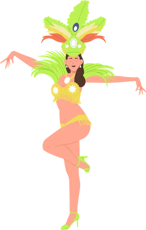 Hermosa joven vestida de mascarada brasileña con plumaje brillante bailando  Ilustración