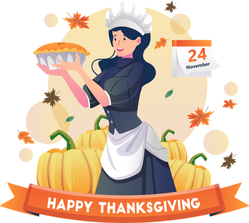 Hermosa mujer cocinera sirviendo pastel de calabaza para la fiesta de Acción de Gracias  Ilustración