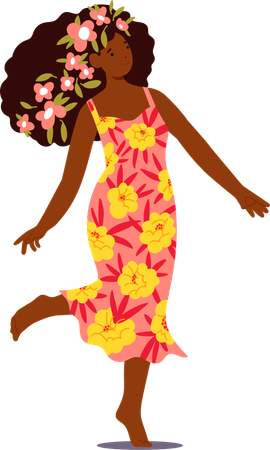 Hermosa mujer con flores en el cabello y vestido con estampados florales  Ilustración