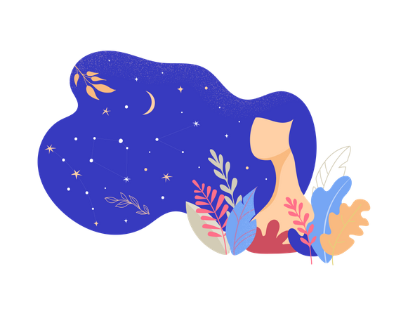 Hermosa mujer decorada con estrellas, flores y hojas.  Illustration