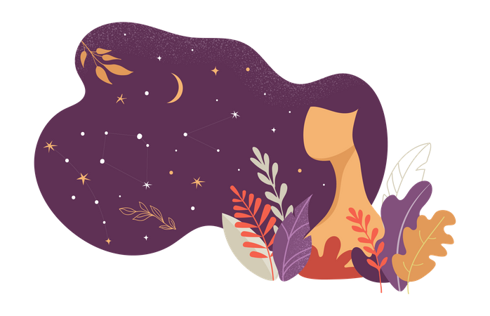 Hermosa mujer decorada con estrellas, flores y hojas.  Ilustración