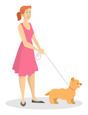 Hermosa mujer vestida caminando con perro  Ilustración