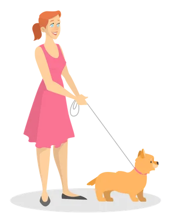 Hermosa mujer vestida caminando con perro  Ilustración