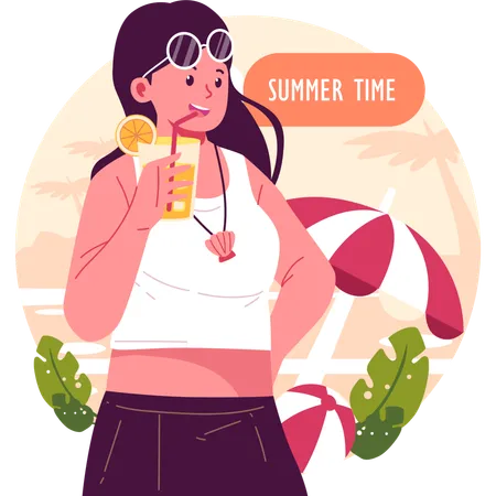 Hermosa chica bebiendo jugo de verano  Ilustración