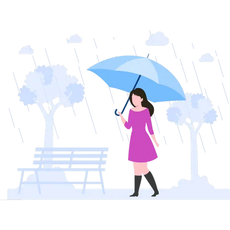 Hermosa chica caminando bajo la lluvia con paraguas  Ilustración
