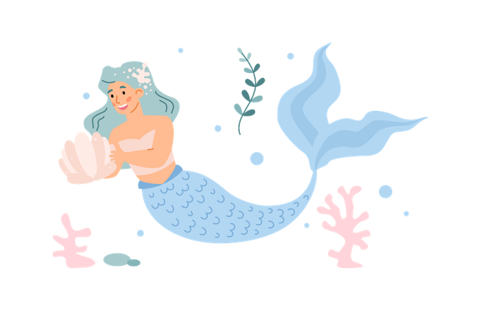 Hermosa sirena con cabello largo azul nada en el mar y mira una concha  Ilustración