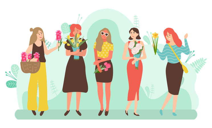 Hermosas mujeres sosteniendo ramos de flores  Ilustración