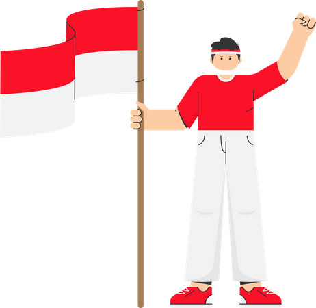 Héroe indonesio sosteniendo la bandera de Indonesia  Ilustración