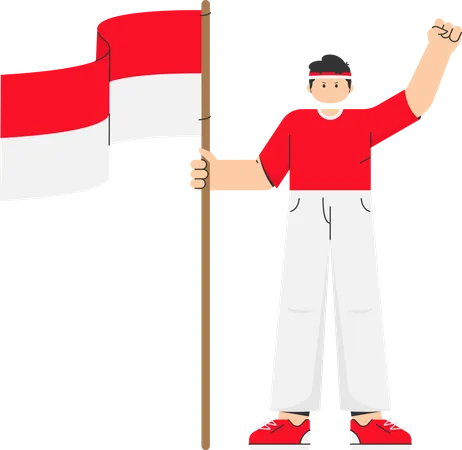 Héroe indonesio sosteniendo la bandera de Indonesia  Ilustración