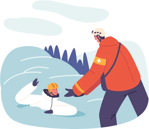 Heroic Rescuer Characters Brave The Snow And Treacherous Terrain In The Icy Mountain Wilderness To Save A Stranded Victim Scene Of Courage And Survival In Alps Cartoon People Vector Illustration Illustration