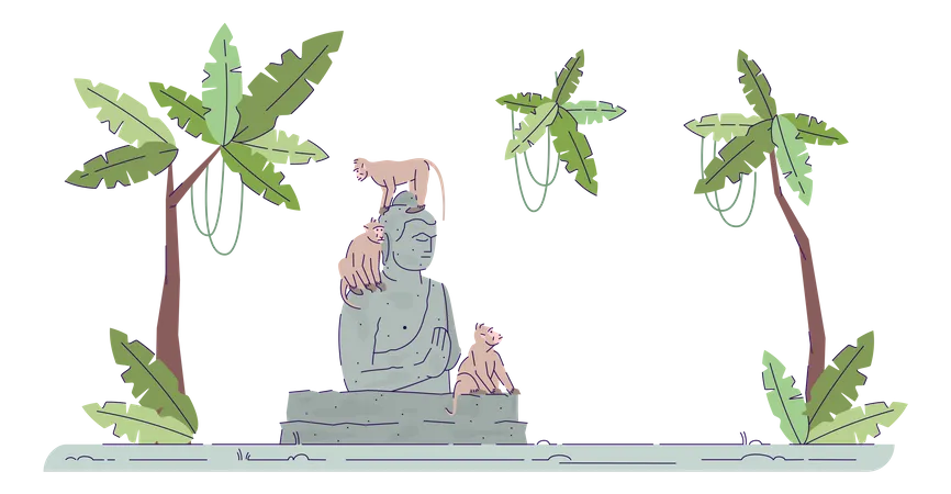 Indonesien Buddha Statue Halbflache RGB Farbvektorillustration Tierwelt Im Wald Palmen Und Schreinreste Affen In Der Dschungelarchitektur Isolierte Cartoon Figur Auf Weissem Hintergrund Illustration