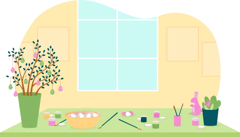 Herramientas Para Pintar Huevos En Cocina Banner Web Vectorial 2 D Afiche Actividad De Pascua Para Ninos Escena Plana Sobre Fondo De Dibujos Animados Parche Imprimible De Preparacion Para Las Vacaciones De Primavera Elemento Web Colorido Ilustración