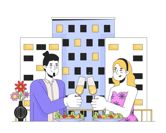 Heterosexual Couple On Date Night Restaurant Line Cartoon Flat Illustration Champagne Clinking Caucasian 2 D Lineart Characters Isolated On White Background Valentines Day Scene Vector Color Image Illustration