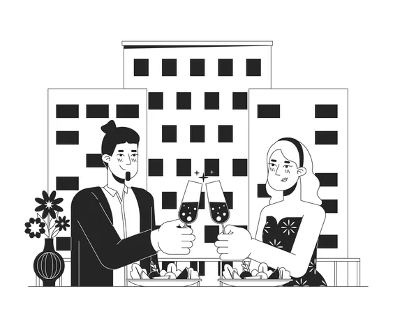 Heterosexual Couple On Date Night Restaurant Black And White Cartoon Flat Illustration Champagne Clinking Caucasian 2 D Lineart Characters Isolated Valentines Monochrome Scene Vector Outline Image Illustration
