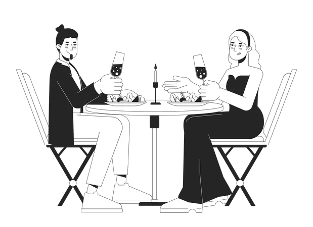 Heterosexual Couple On Romantic Date Black And White 2 D Line Cartoon Characters Caucasian Adult Girlfriend Boyfriend Isolated Vector Outline People Speed Dating Monochromatic Flat Spot Illustration Illustration