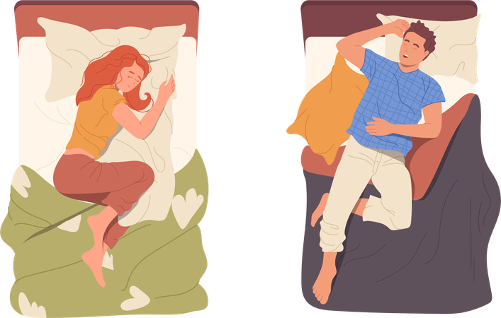 Heureuse jeune femme détendue et homme dormant dans son lit  Illustration