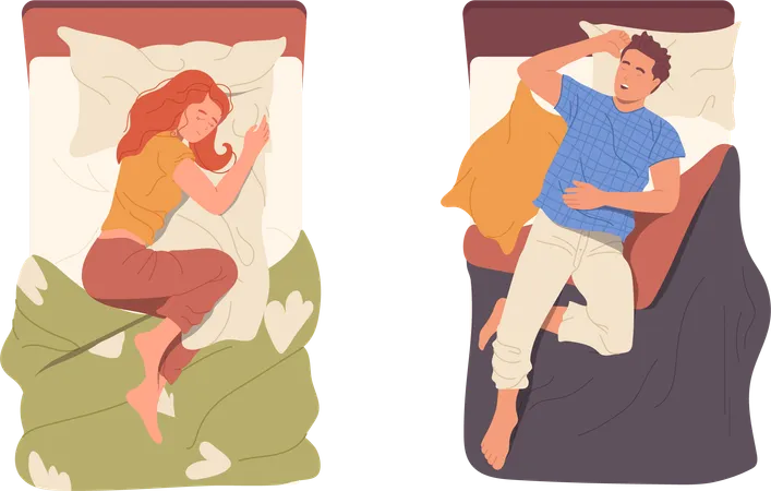 Heureuse jeune femme détendue et homme dormant dans son lit  Illustration