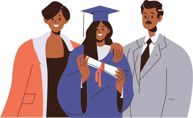 Heureuse étudiante célébrant l'obtention de son diplôme, debout avec maman et papa  Illustration