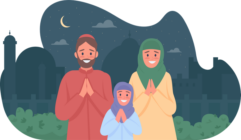 Heureuse famille arabe priant pour le Ramadan  Illustration