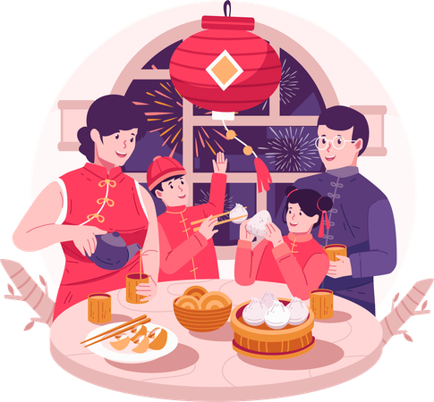 Une famille asiatique heureuse se réunit pour un dîner de réunion et déguste de savoureux plats traditionnels  Illustration