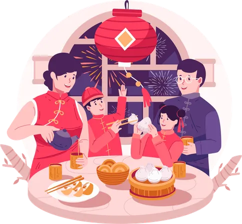 Une famille asiatique heureuse se réunit pour un dîner de réunion et déguste de savoureux plats traditionnels  Illustration