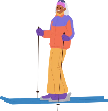 Heureuse femme âgée appréciant le ski en montagne  Illustration