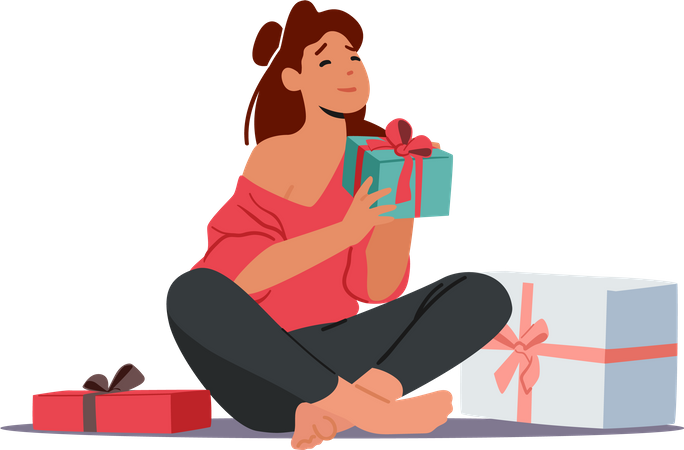 Une femme heureuse reçoit un cadeau  Illustration