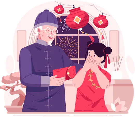 Heureuse fille asiatique recevant une enveloppe rouge ou de l'argent chanceux de son grand-père pour célébrer le nouvel an chinois  Illustration