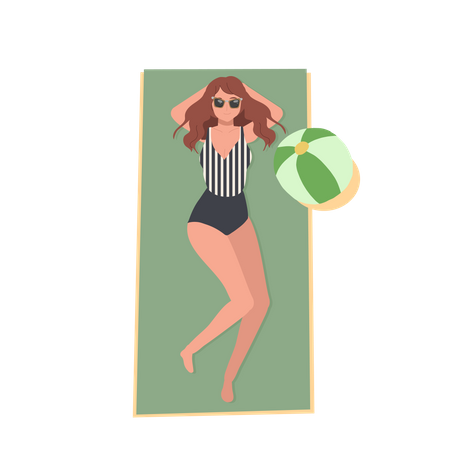 Une fille heureuse en maillot de bain sur la plage est allongée et prend un bain de soleil  Illustration